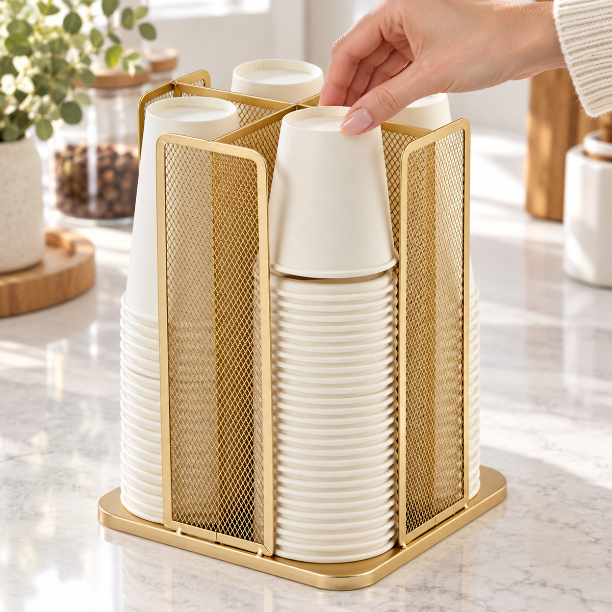 Hand lifting one paper cup from a front stack in the gold four-compartment organizer; cups are not included.