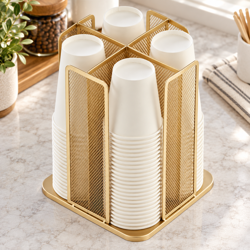 High-angle view of four filled compartments and the central crossed dividers; organizer only, cups are styling props.