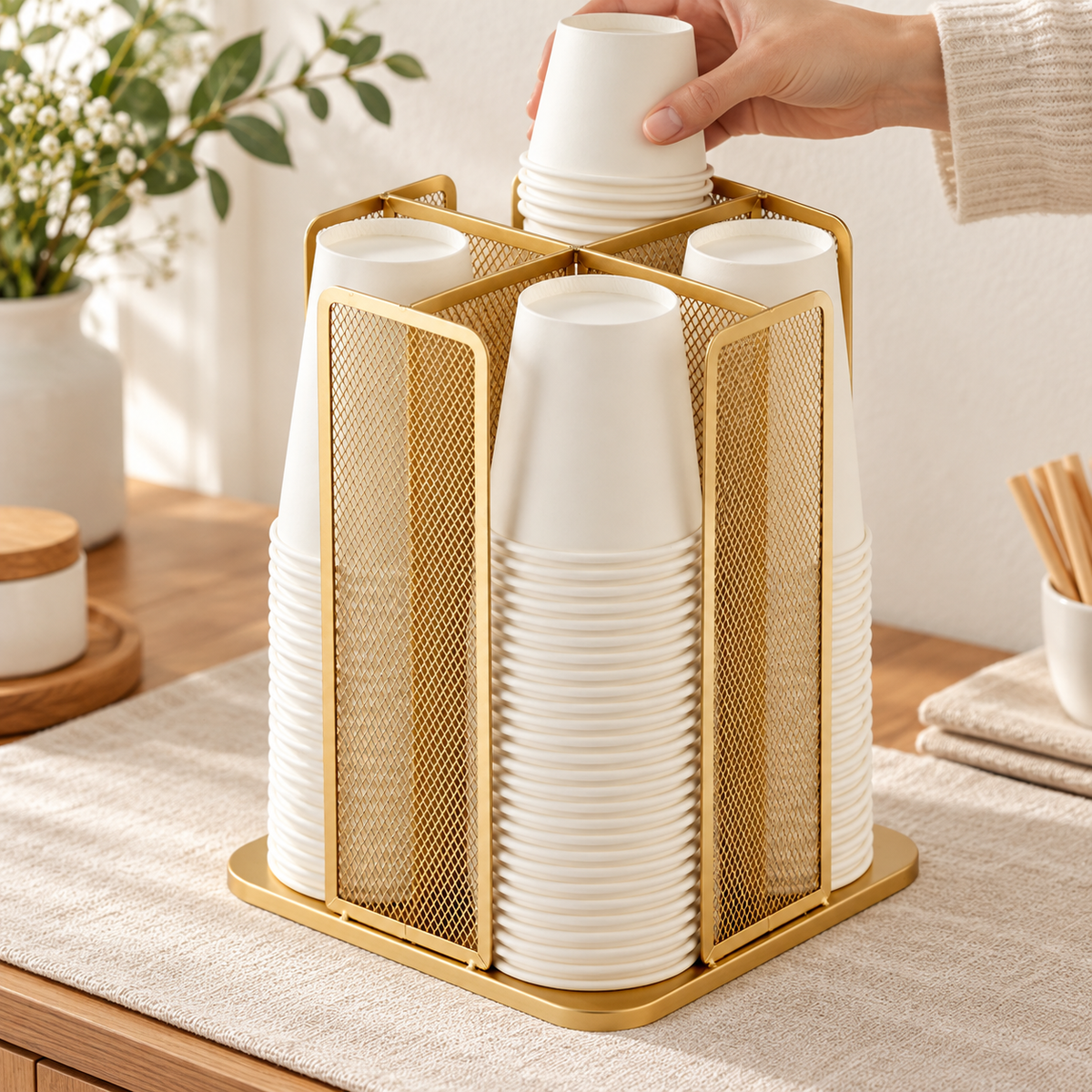 Hand restocking a rear compartment of the gold mesh organizer; paper cups and accessories are not included.