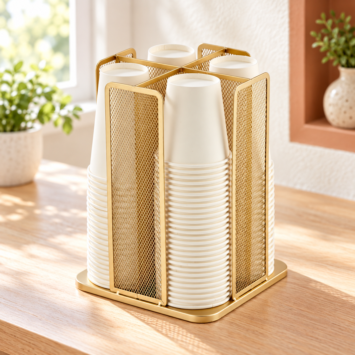 Gold four-compartment rotating cup organizer in a bright setting; cups and styling props are not included.