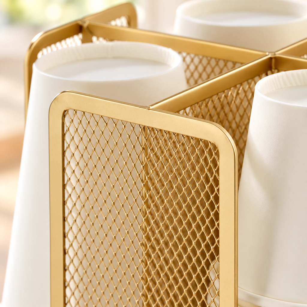 Close view of the gold rotating organizer compartment rim and structure; cups and other styling items are not included.