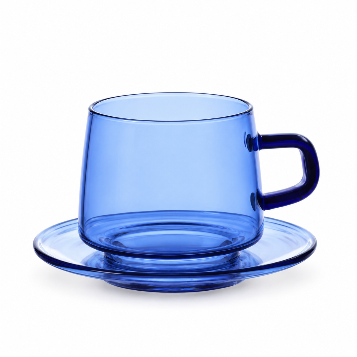 Blue transparent glass cup with matching saucer and squared handle on a white background; one color option.