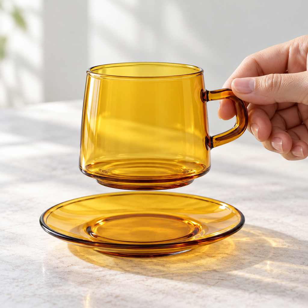 Yellow amber glass cup lifted by its squared handle above the matching saucer.