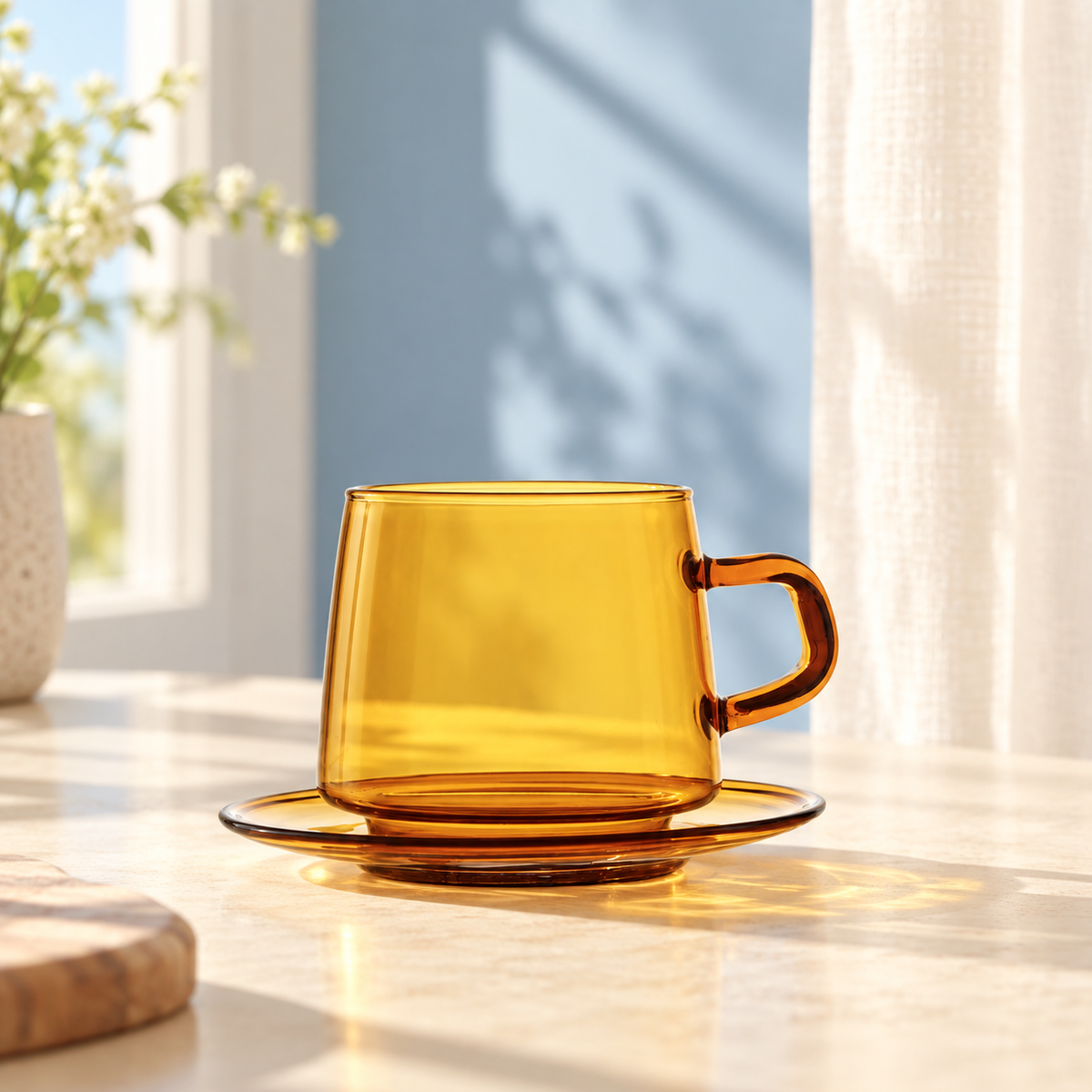 Yellow amber-toned glass cup with matching saucer; Blue variant is not pictured. Styling props are not included.