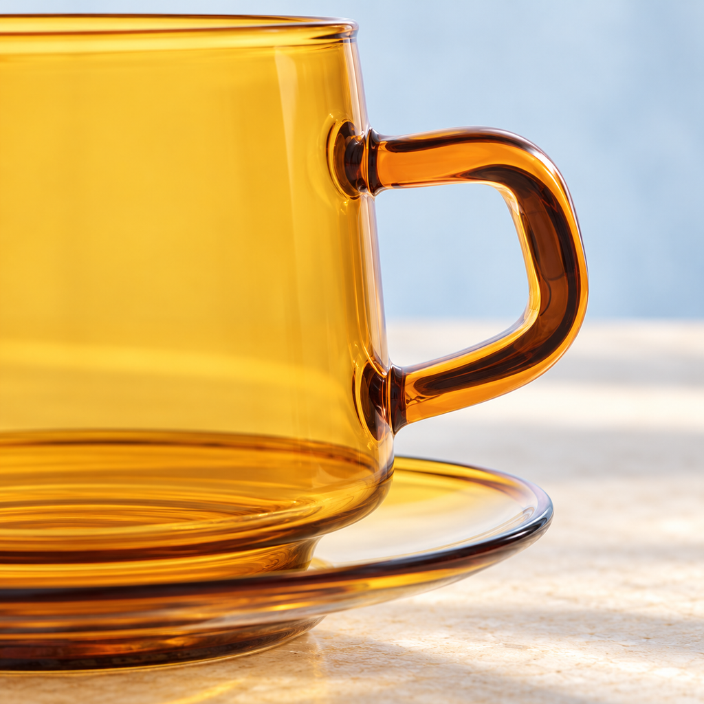 Close view of the Yellow amber-toned glass cup, handle and saucer; Blue option is not pictured.