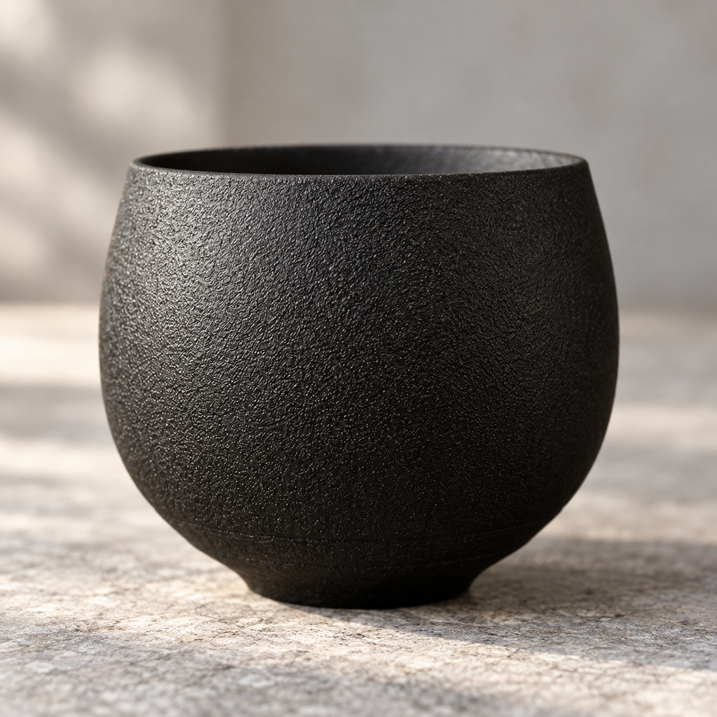 Side view of the black textured pottery cup from the five-piece set.