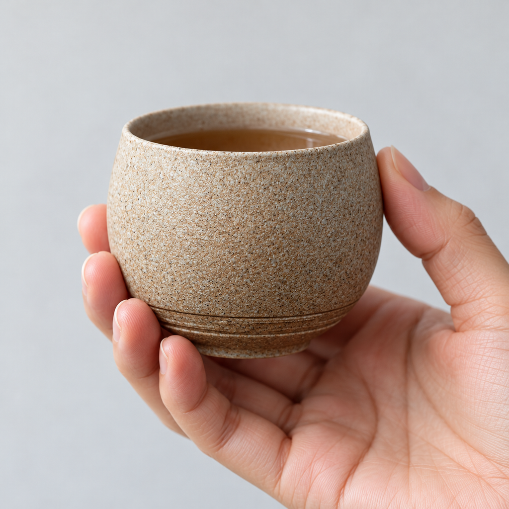 Beige textured pottery tea cup held in an adult hand; one piece from the five-cup set is shown.