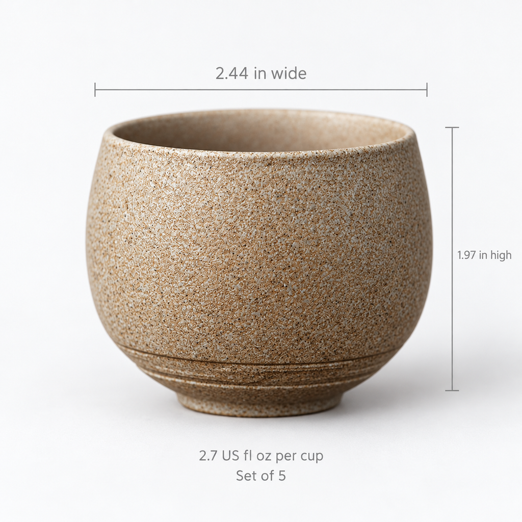 Pottery tea cup specifications: approximately 2.44 inches wide, 1.97 inches high, 2.7 US fl oz per cup; set of five.