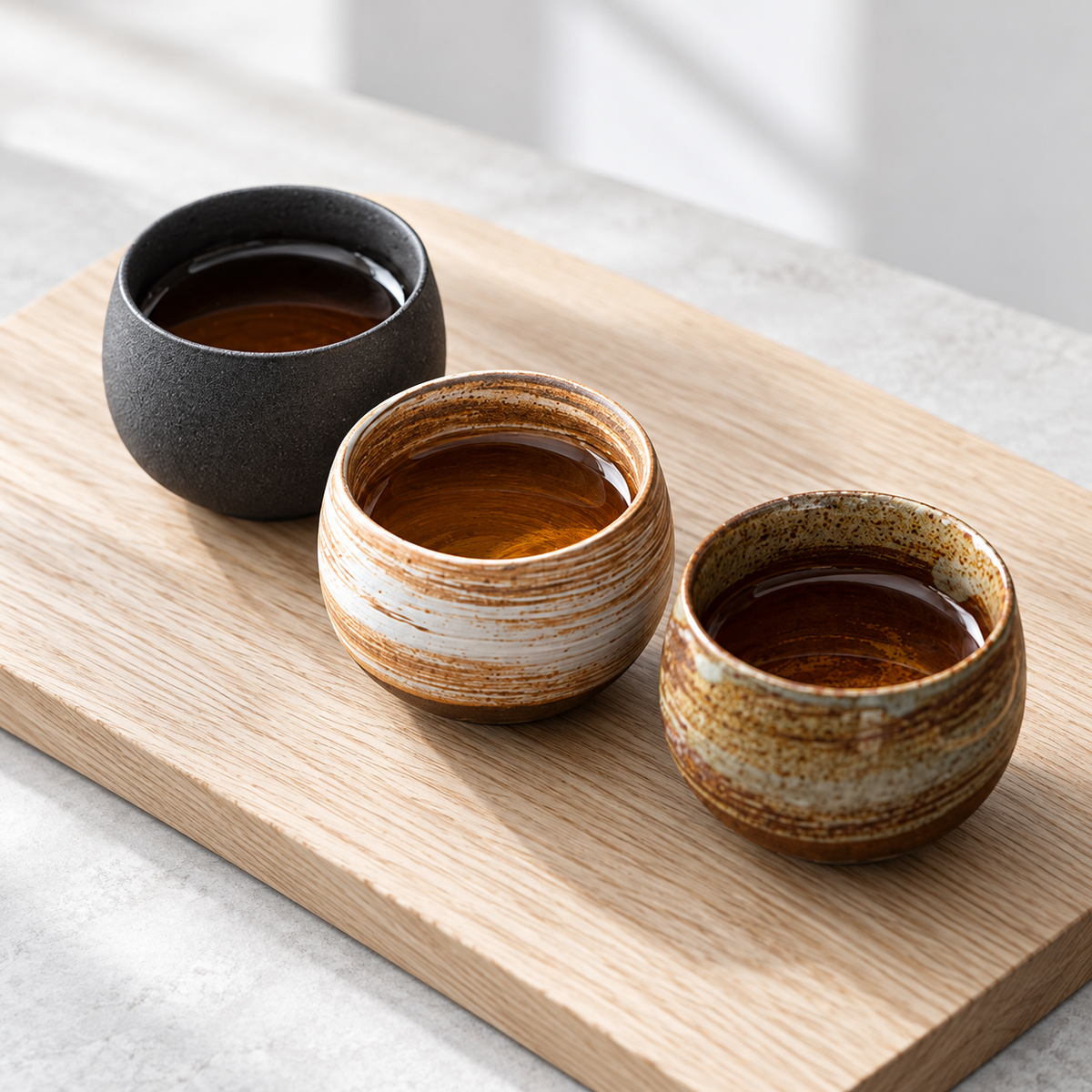 Three cups from the five-piece pottery set holding tea in a bright serving scene; tea and board are not included.