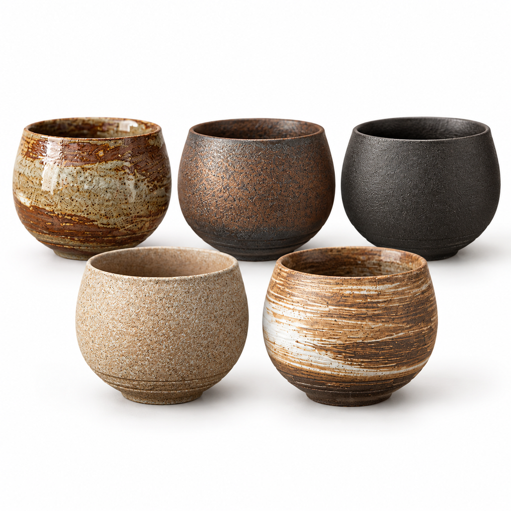 Five-piece textured pottery tea cup set in its five actual glazes on white; this is one fixed set.