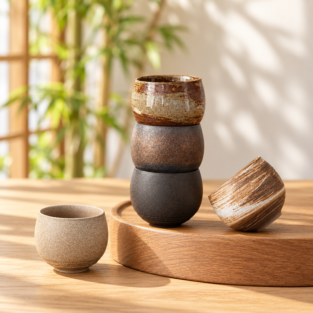 Set of five textured pottery tea cups in a bright setting; background styling is not included.