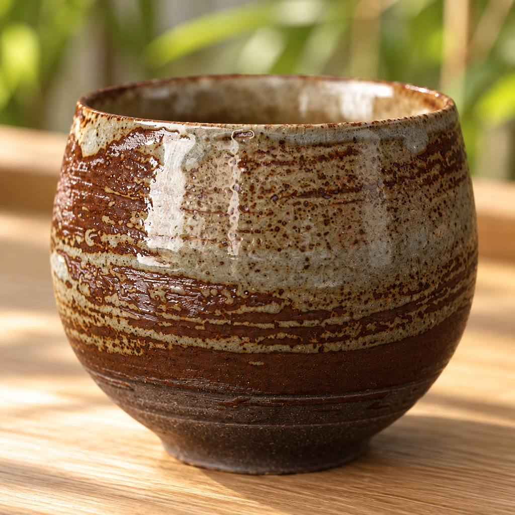Close view of one textured pottery cup from the five-cup set; not all five pieces are shown.