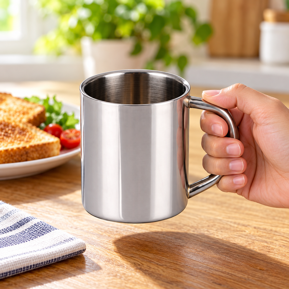 Adult hand holding one 400 ml stainless-steel cup by its loop handle at breakfast; food and textiles are styling props.