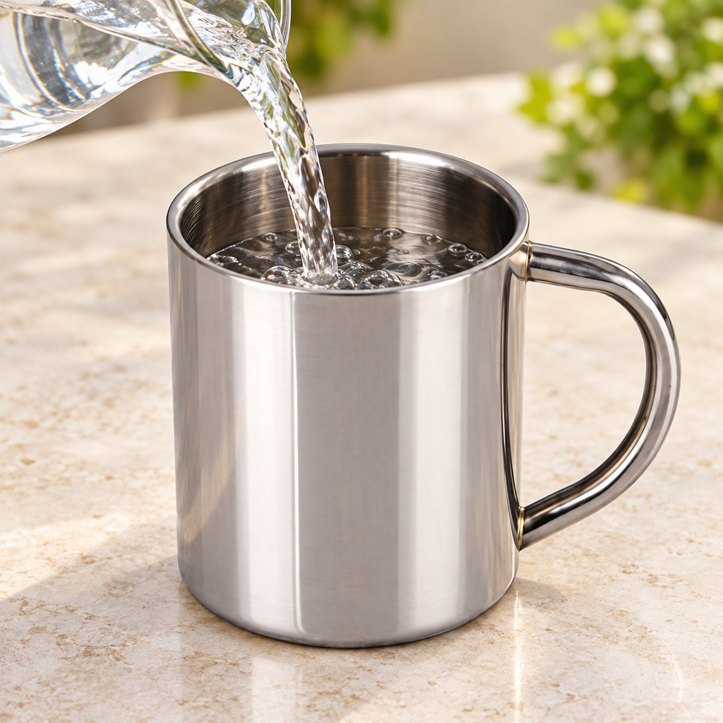 Room-temperature water poured into one 400 ml stainless-steel cup; carafe is a styling prop.