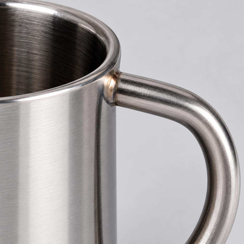 Macro detail of the stainless-steel cup's upper handle attachment and rolled lip.