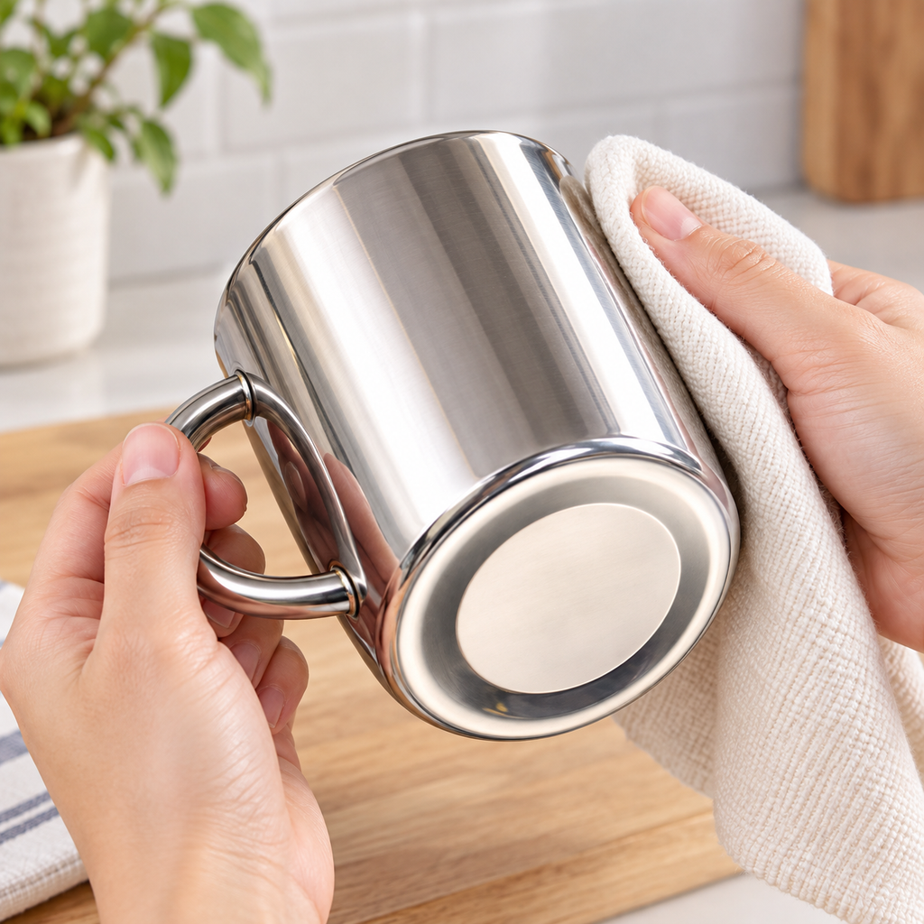 One stainless-steel cup being gently dried, showing its plain circular base and handle; cloth is not included.