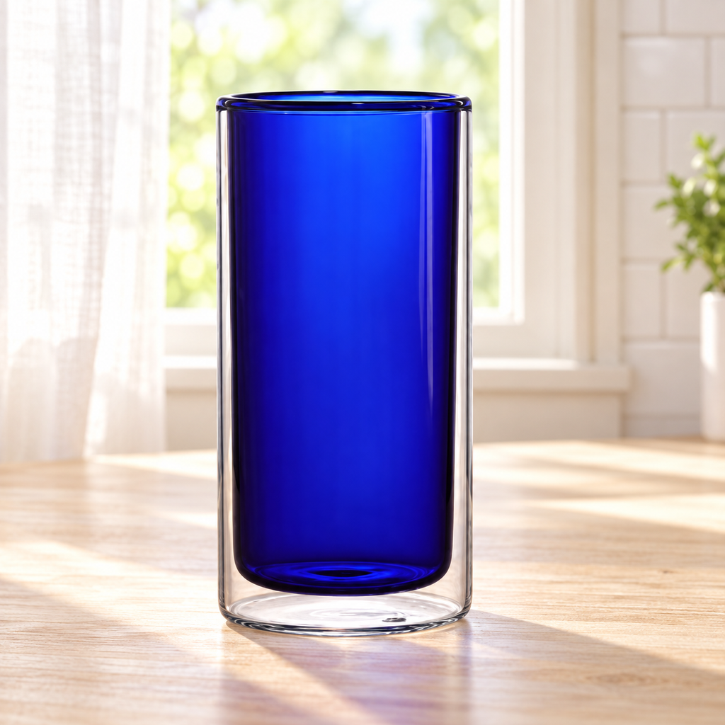 250 ml double-wall glass cup with blue inner wall; other color options are not pictured. Styling props are not included.