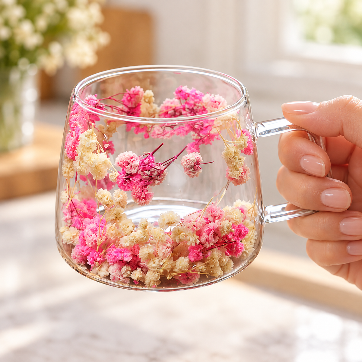 Adult hand holding the floral glass cup by its square-loop handle, showing the encased flowers.