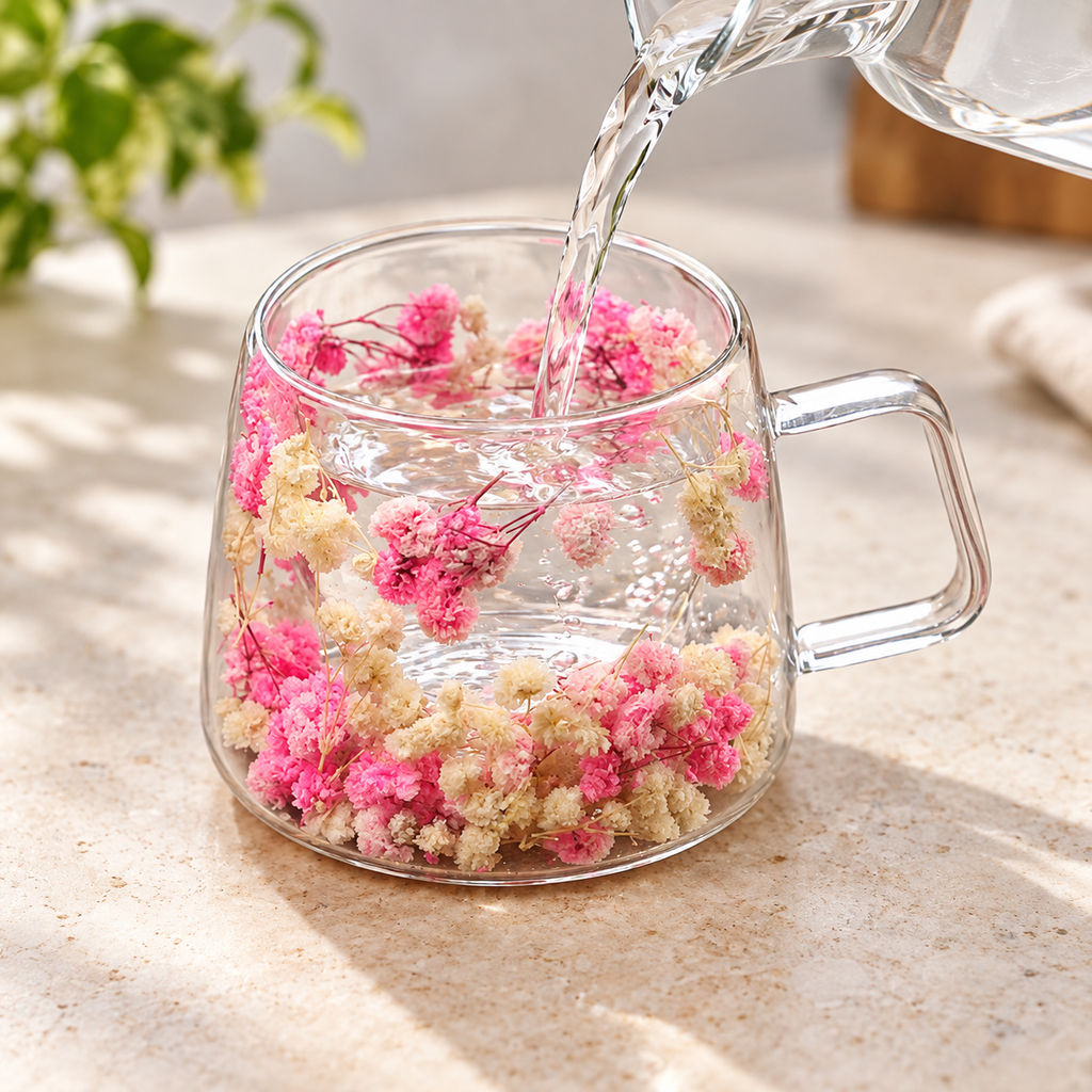 Clear water poured into the floral glass cup's drinking chamber; carafe is a styling prop.
