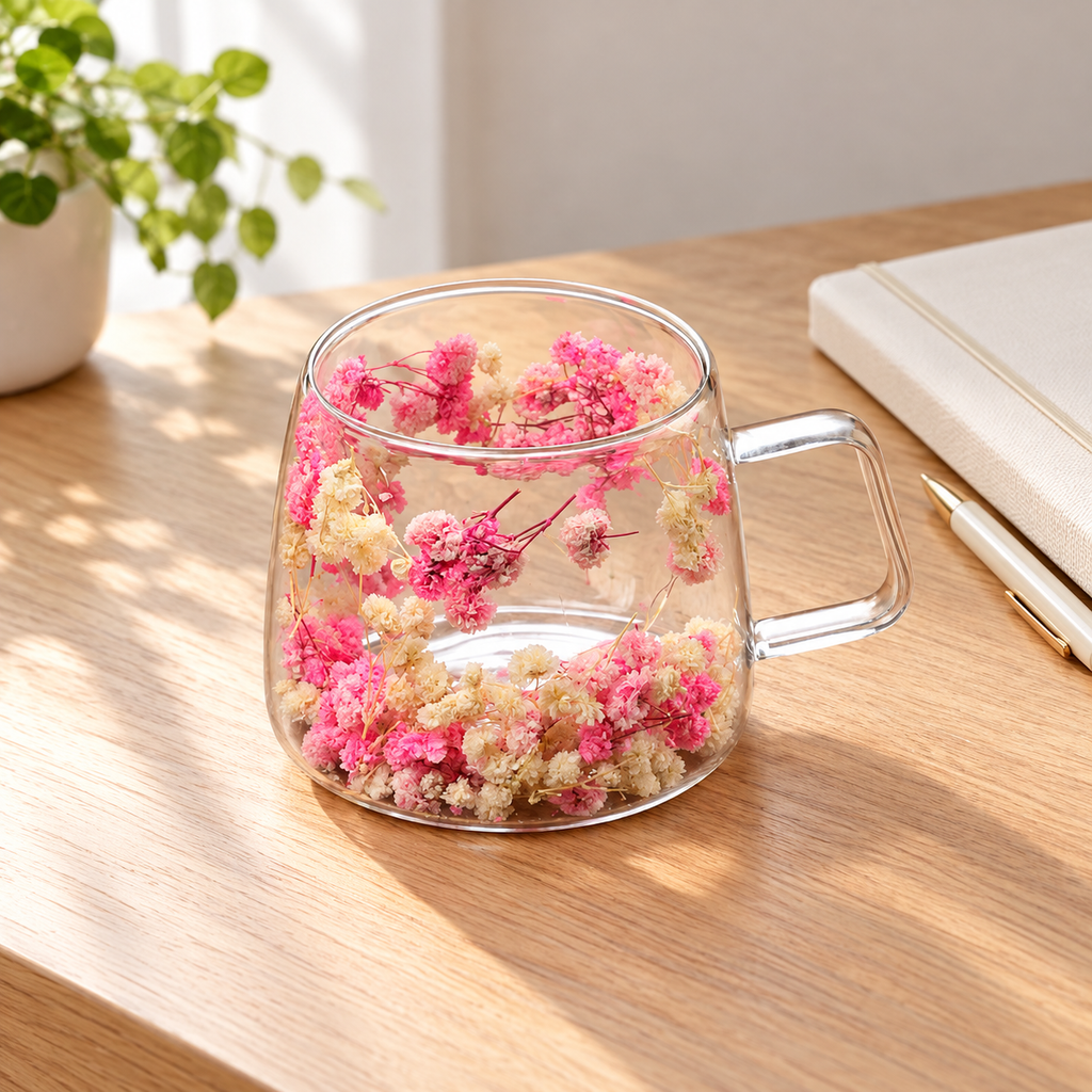 One floral double-wall glass cup at a desk; notebook and pen are styling props.