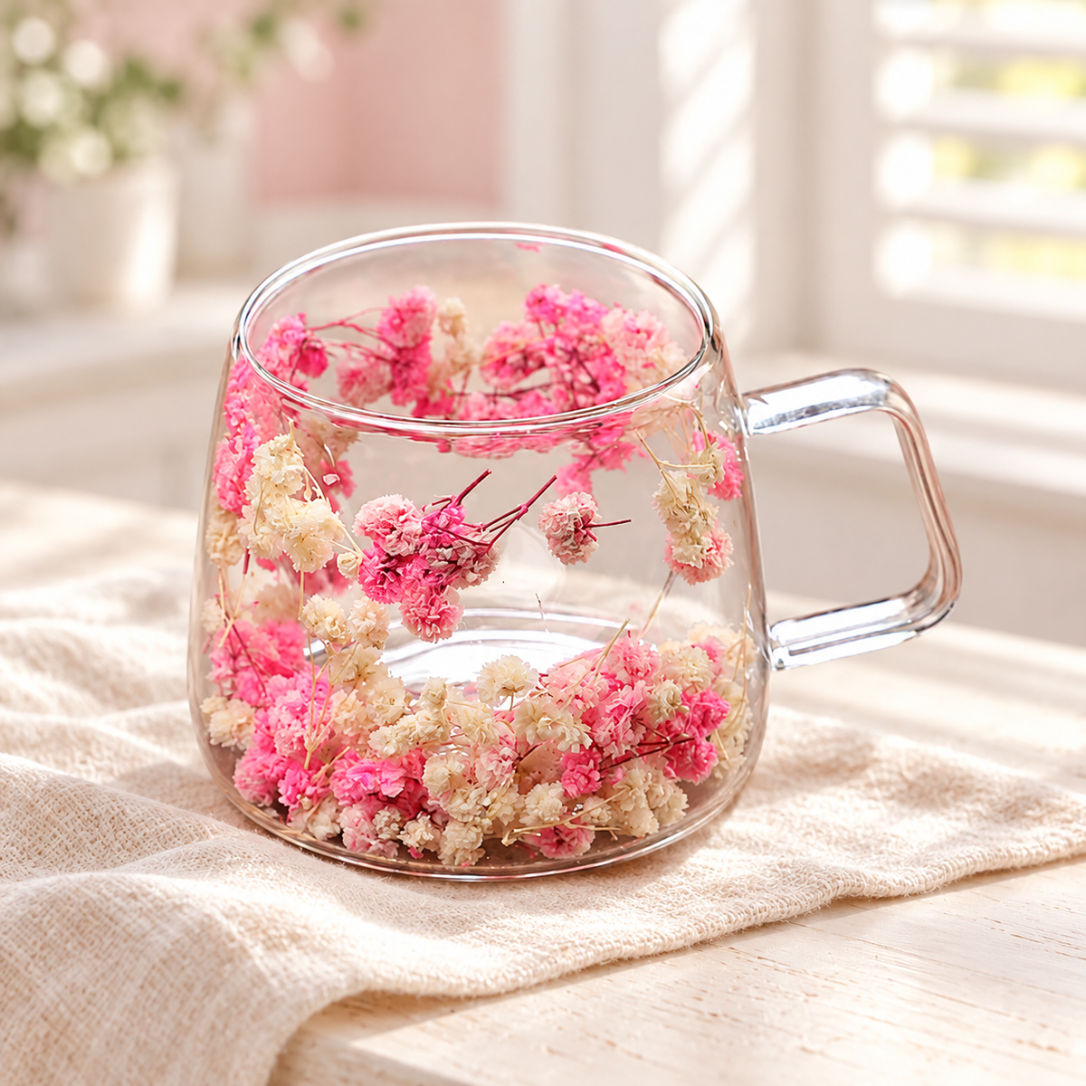 Pink-and-white floral 200 ml double-wall glass cup in a bright setting; styling accessories are not included.