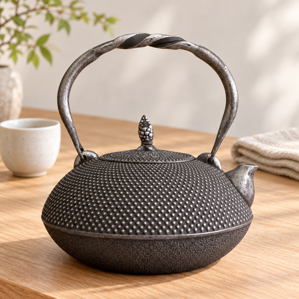 Round hobnail cast-iron teapot in a tea-service setting; cup and linens are styling props.