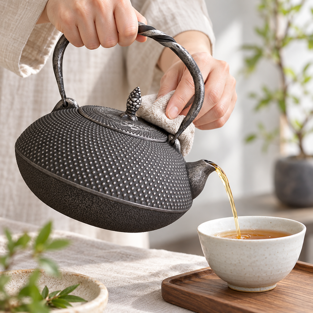 Round cast-iron teapot pouring into a separate cup, showing twisted handle and short spout; cup is not included.