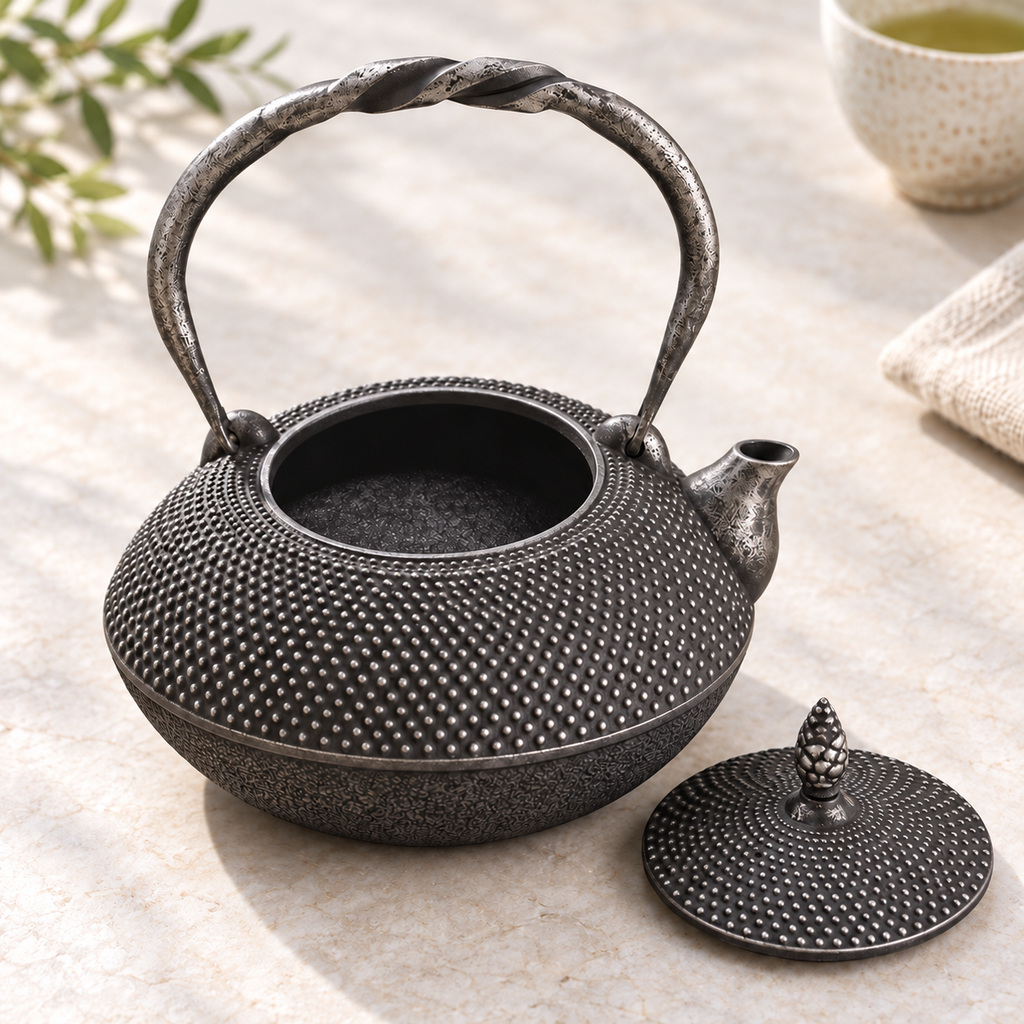 High-angle view of the teapot's verified circular opening and dark interior, with lid placed separately.