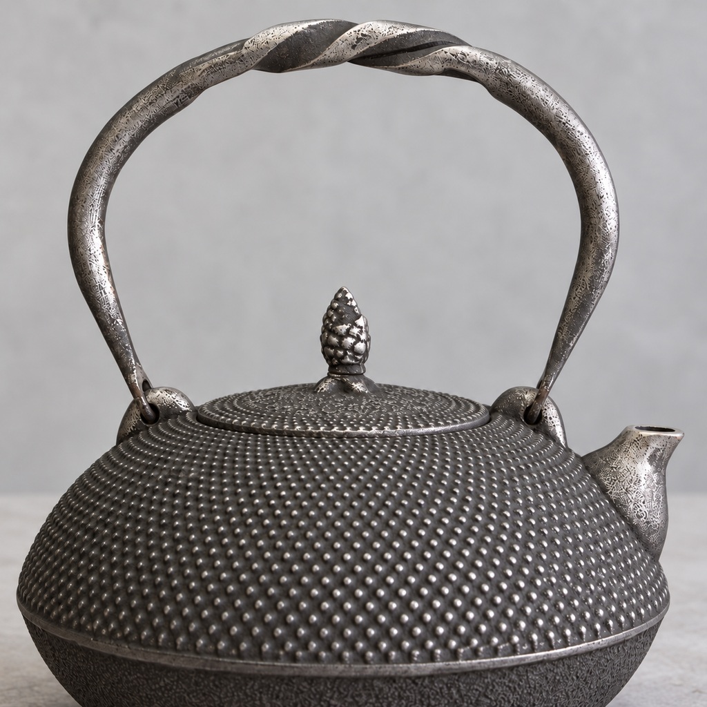 Close construction view of the twisted handle, two attachment points, textured lid knob and hobnail shell.