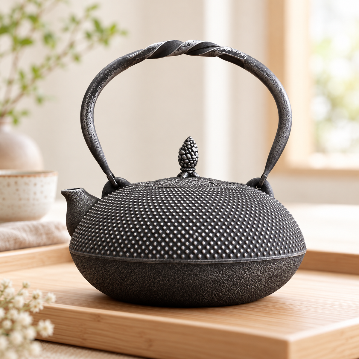 Opposite-side low profile of the round cast-iron teapot on a serving tray; tray is not included.