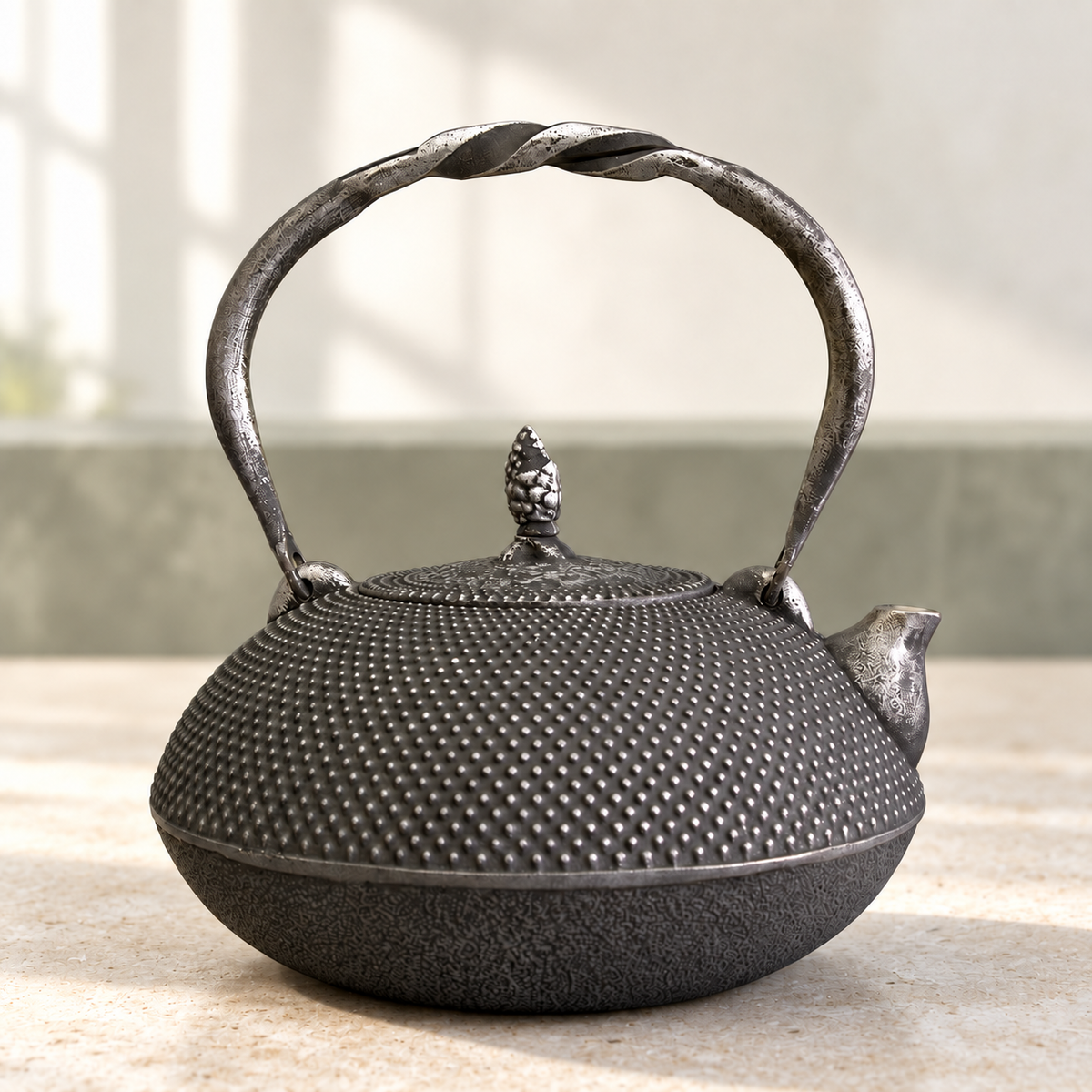 Round dotted-texture dark cast iron teapot with arched handle and fitted lid; styling accessories are not included.