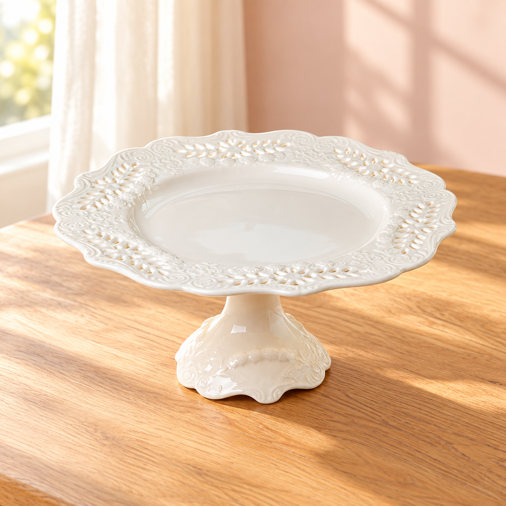 Ivory lace-rim porcelain pedestal cake stand, 10-inch variant; food and styling accessories are not included.