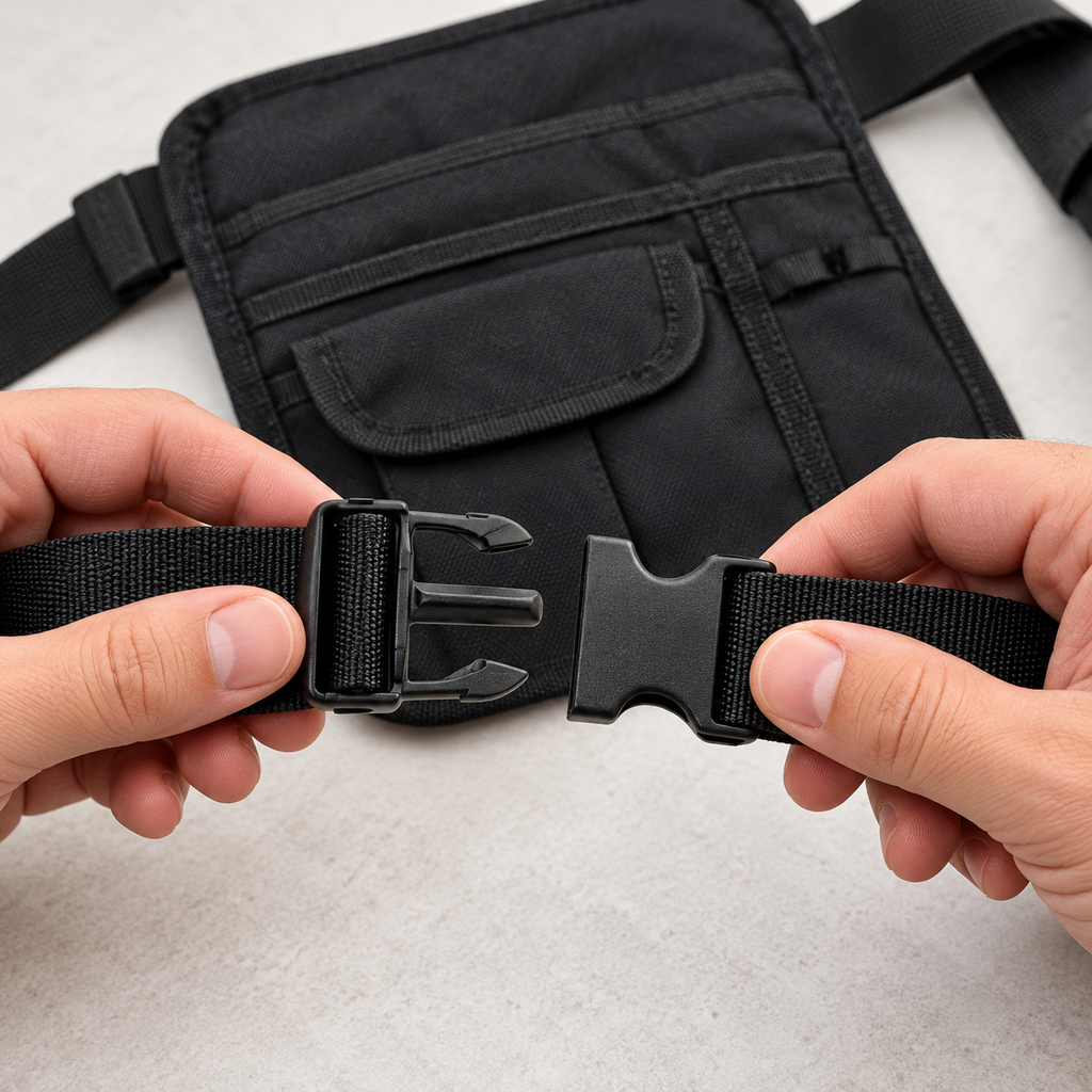 Hand-held detail of the server pouch belt side-release buckle and black webbing.