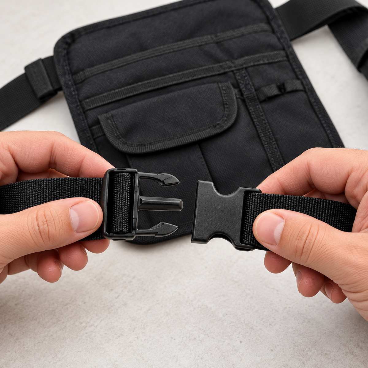 Hand-held detail of the server pouch belt side-release buckle and black webbing.