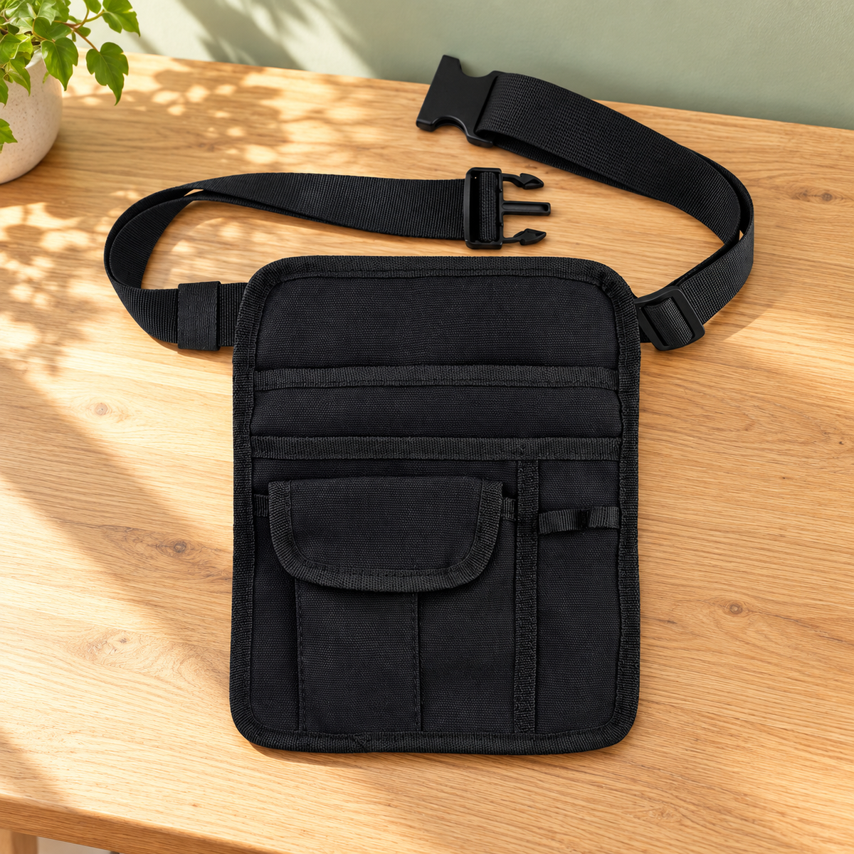 Black medium server waist pouch with zip pocket and attached belt; styling accessories are not included.