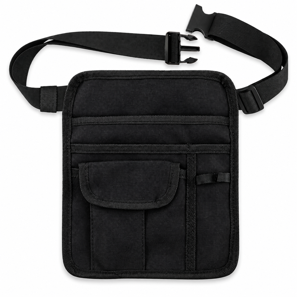 Black medium server waist pouch, empty, with attached belt and clip buckle on white.