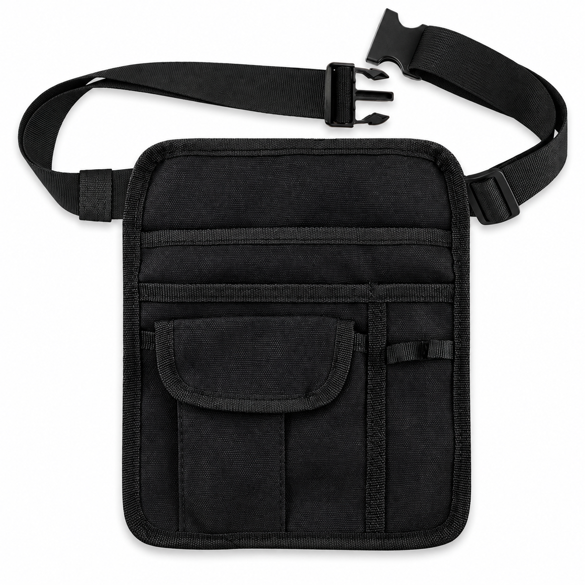 Black medium server waist pouch, empty, with attached belt and clip buckle on white.