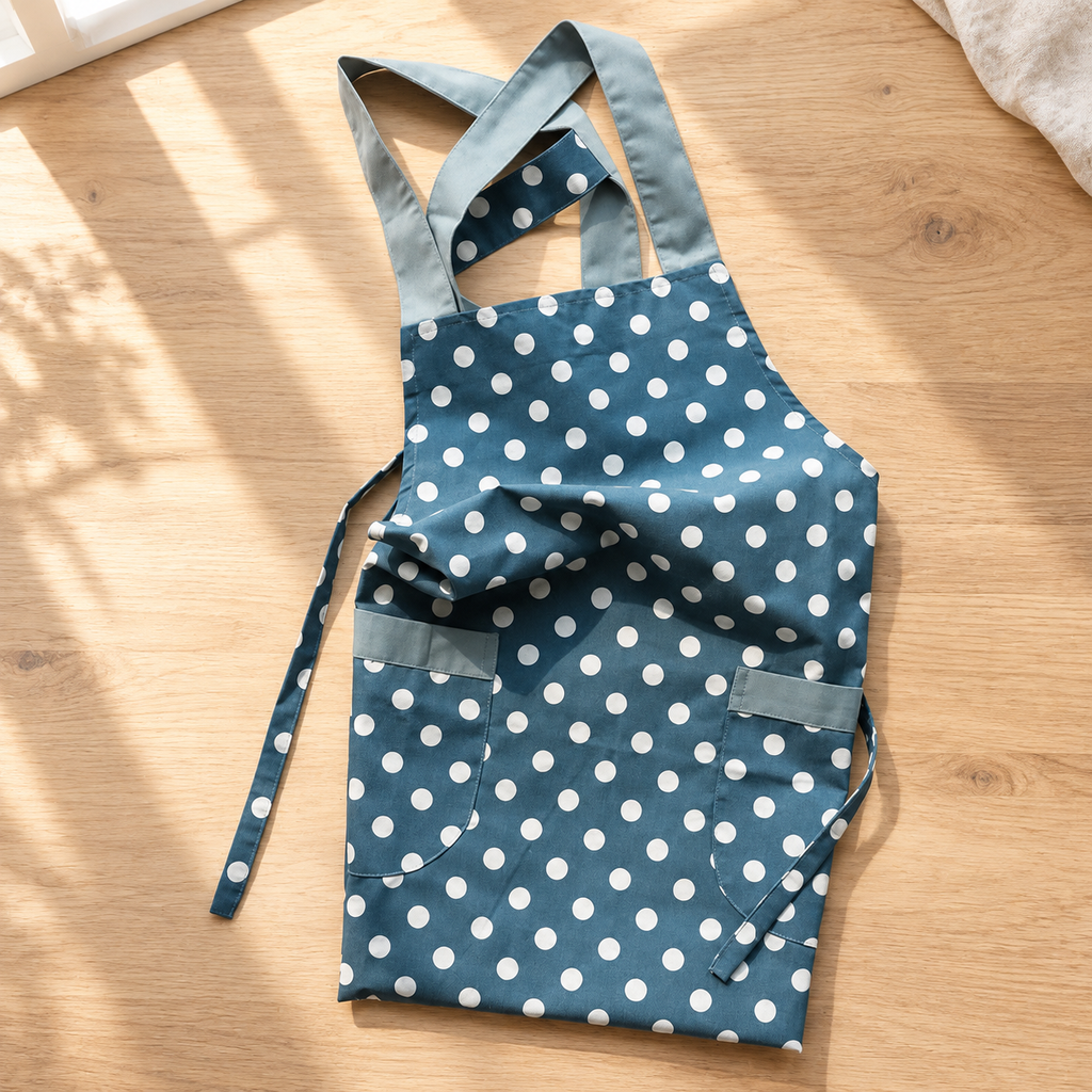 Blue polka-dot vest-style apron with contrasting straps and front pockets; styling accessories are not included.