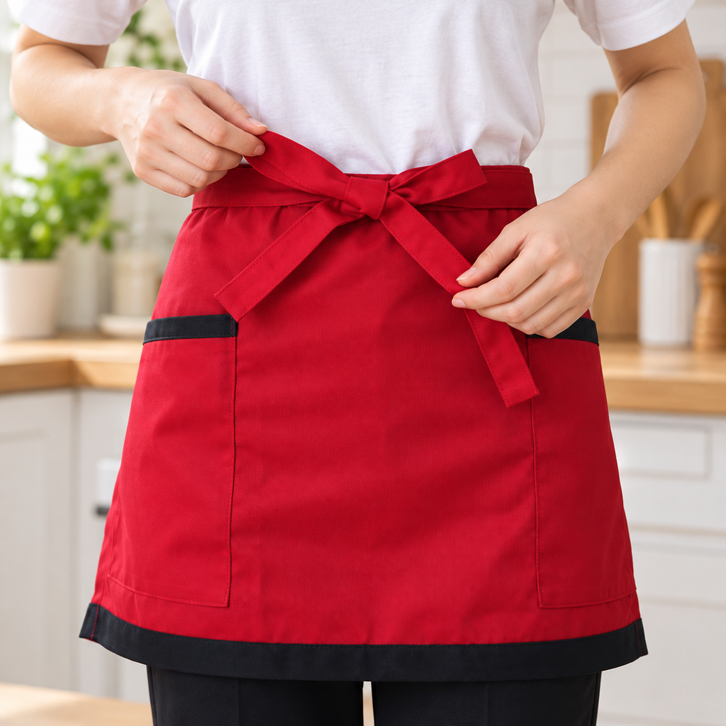 Close view of the red waist apron ties being tied into a front bow.