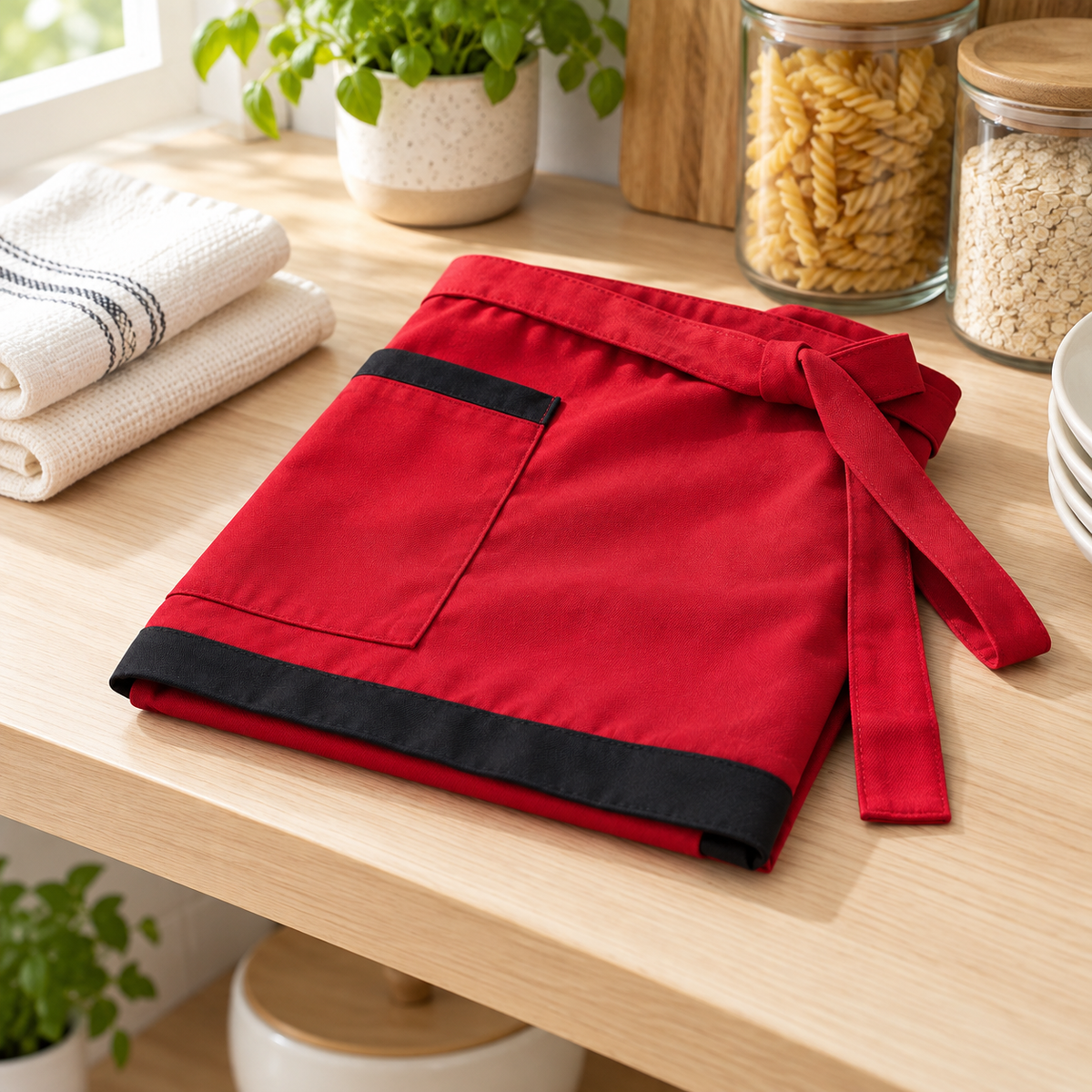 Folded red waist apron showing one black-trimmed pocket and black hem; surrounding accessories are styling props.