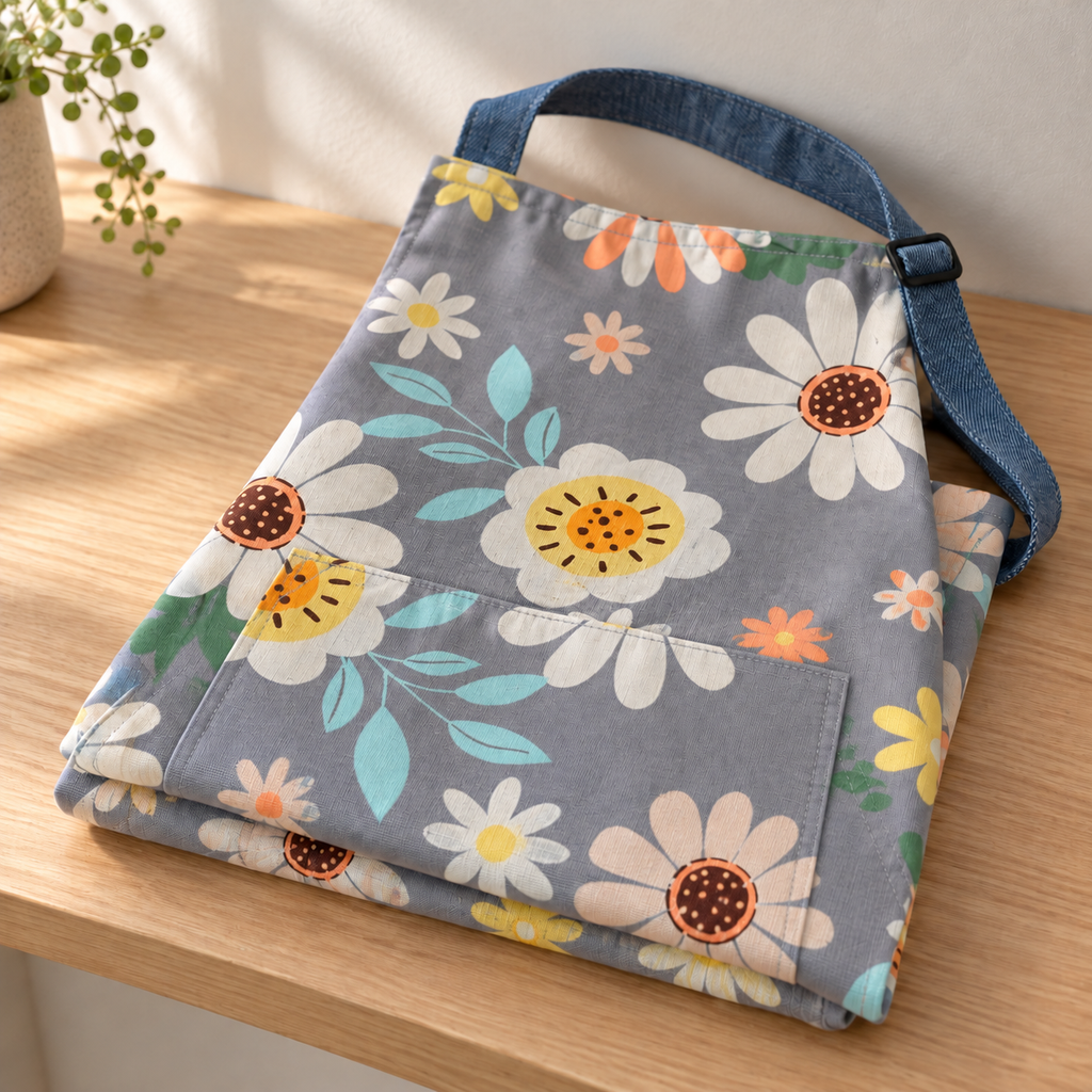 Grey daisy-print apron folded to show its fabric, rectangular front pocket and neck strap.