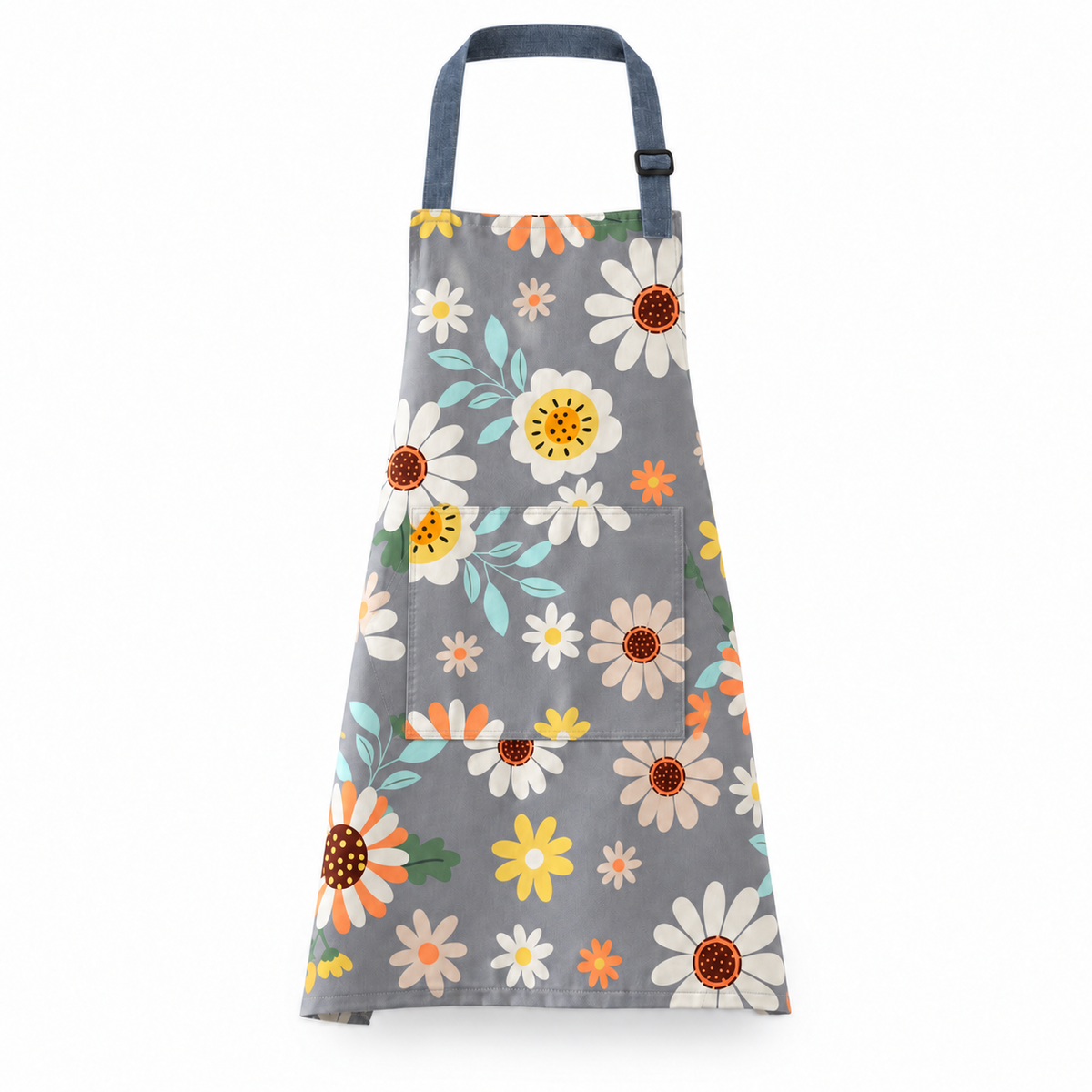 Grey floral apron with daisies, adjustable blue neck strap and rectangular front patch pocket on white.