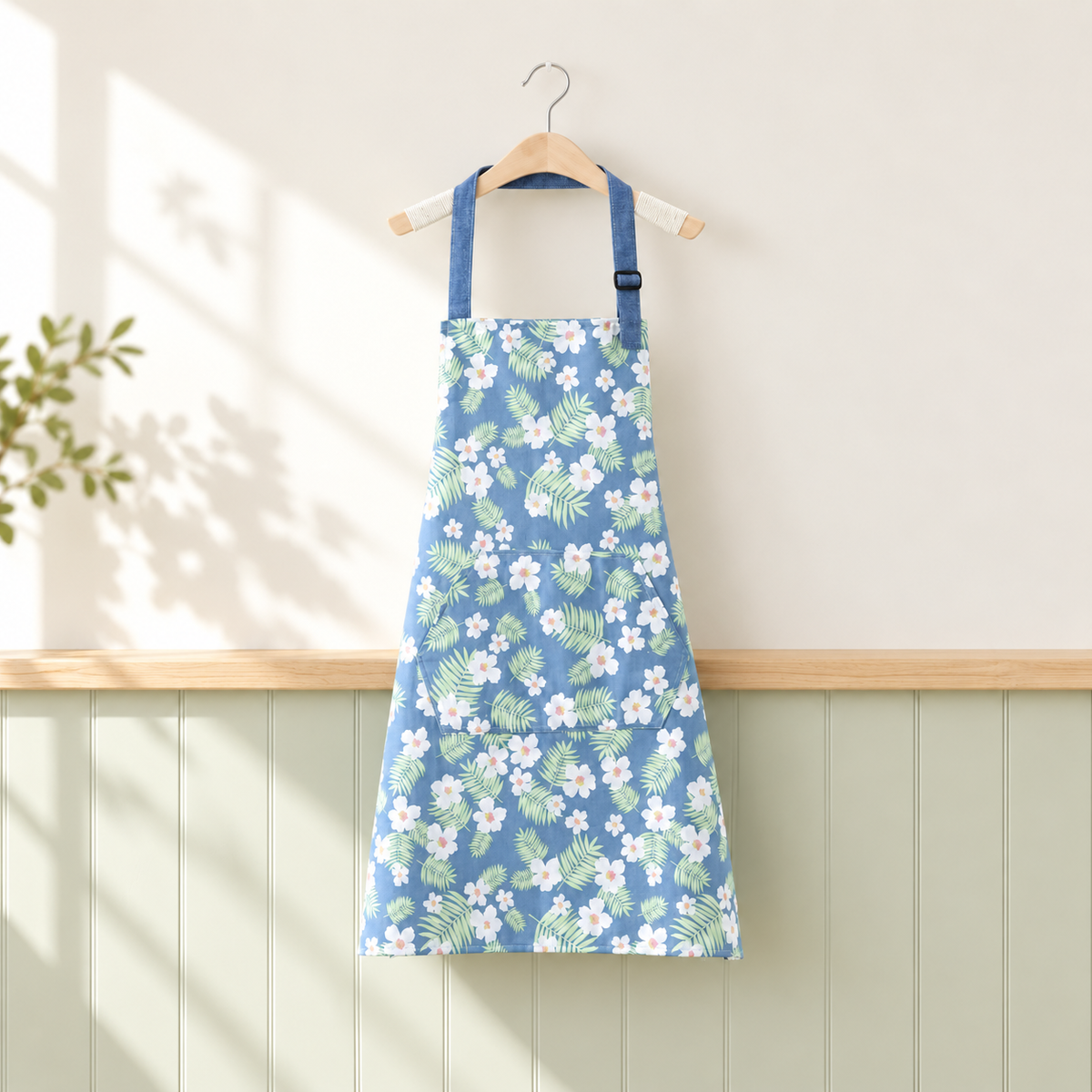 Blue floral apron with white flowers, green leaves, adjustable neck strap and front pocket; hanger and styling accessories are not included.