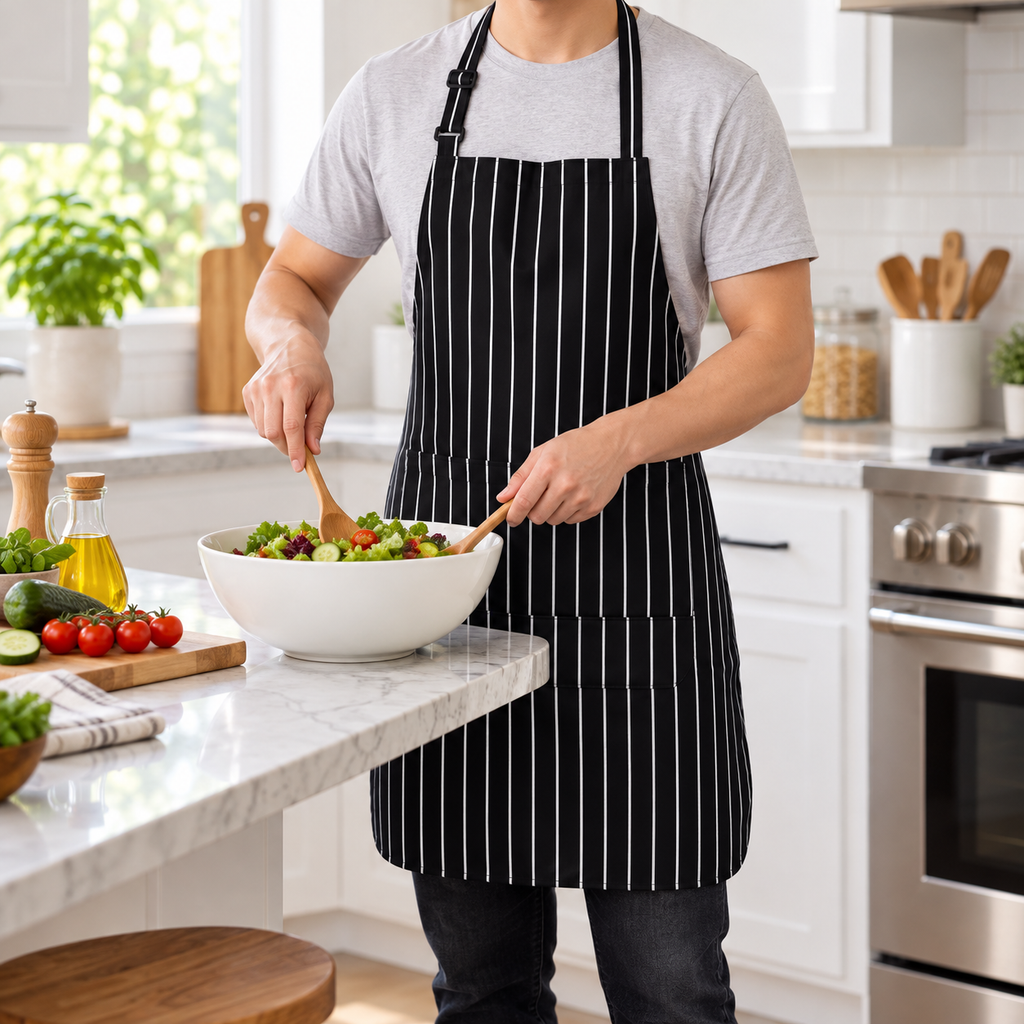 Black-and-white striped apron worn for salad preparation; bowl, food and kitchen props are not included.