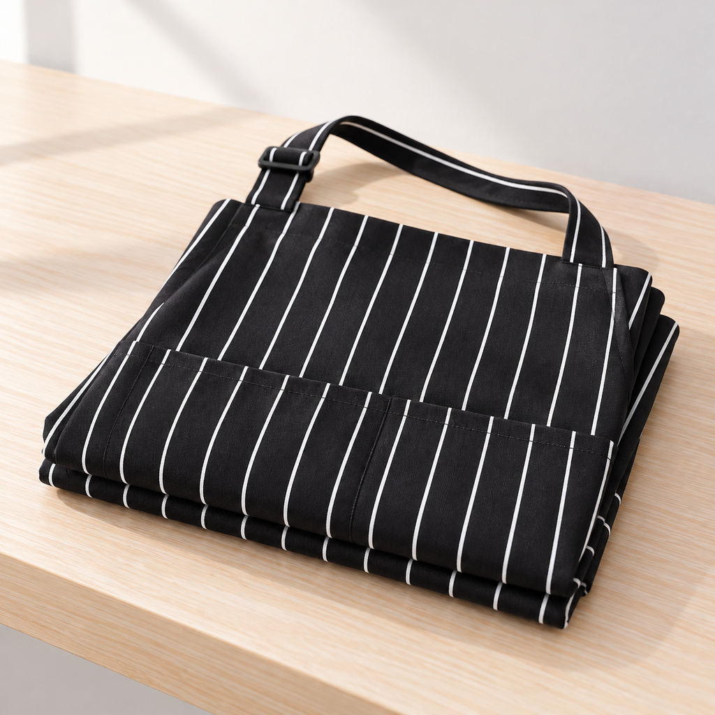Apron folded for storage to show the fabric and front construction; surface styling is not included.