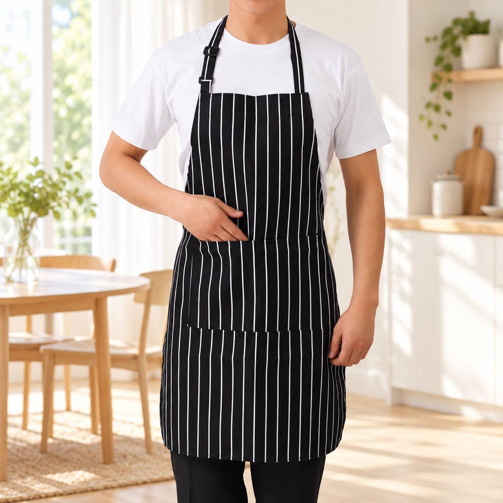 Black-and-white striped bib apron with front pockets; styling accessories are not included.