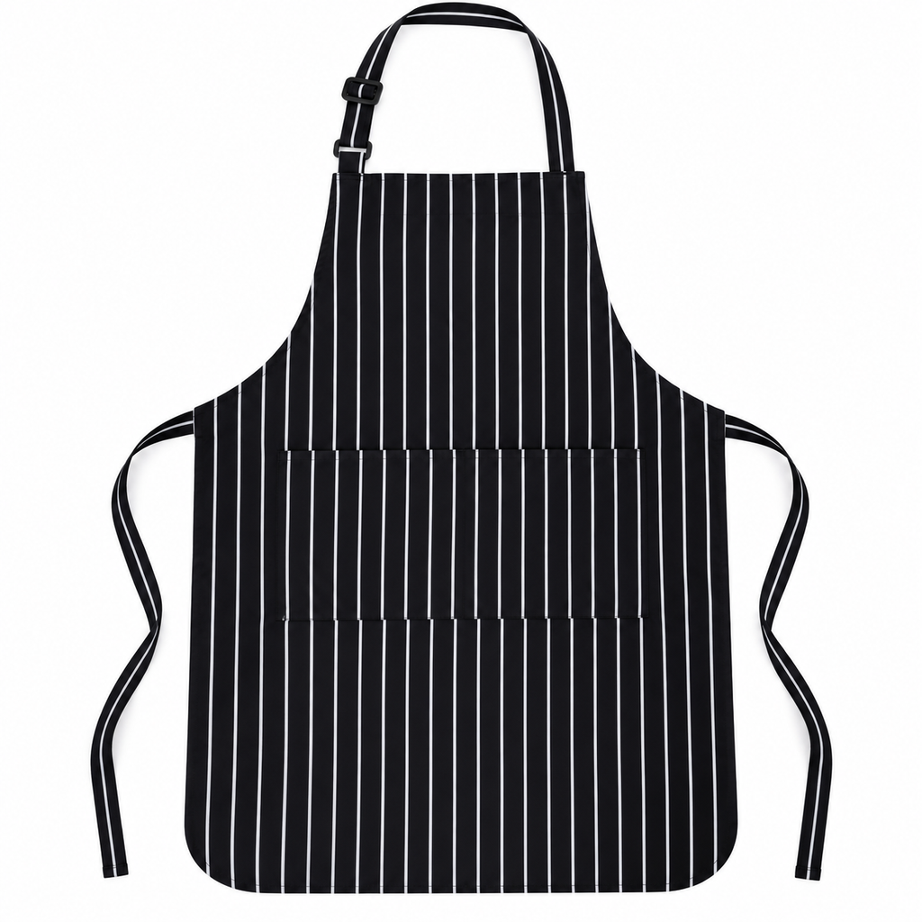 Black apron with thin white vertical stripes and two front pockets laid flat on white.