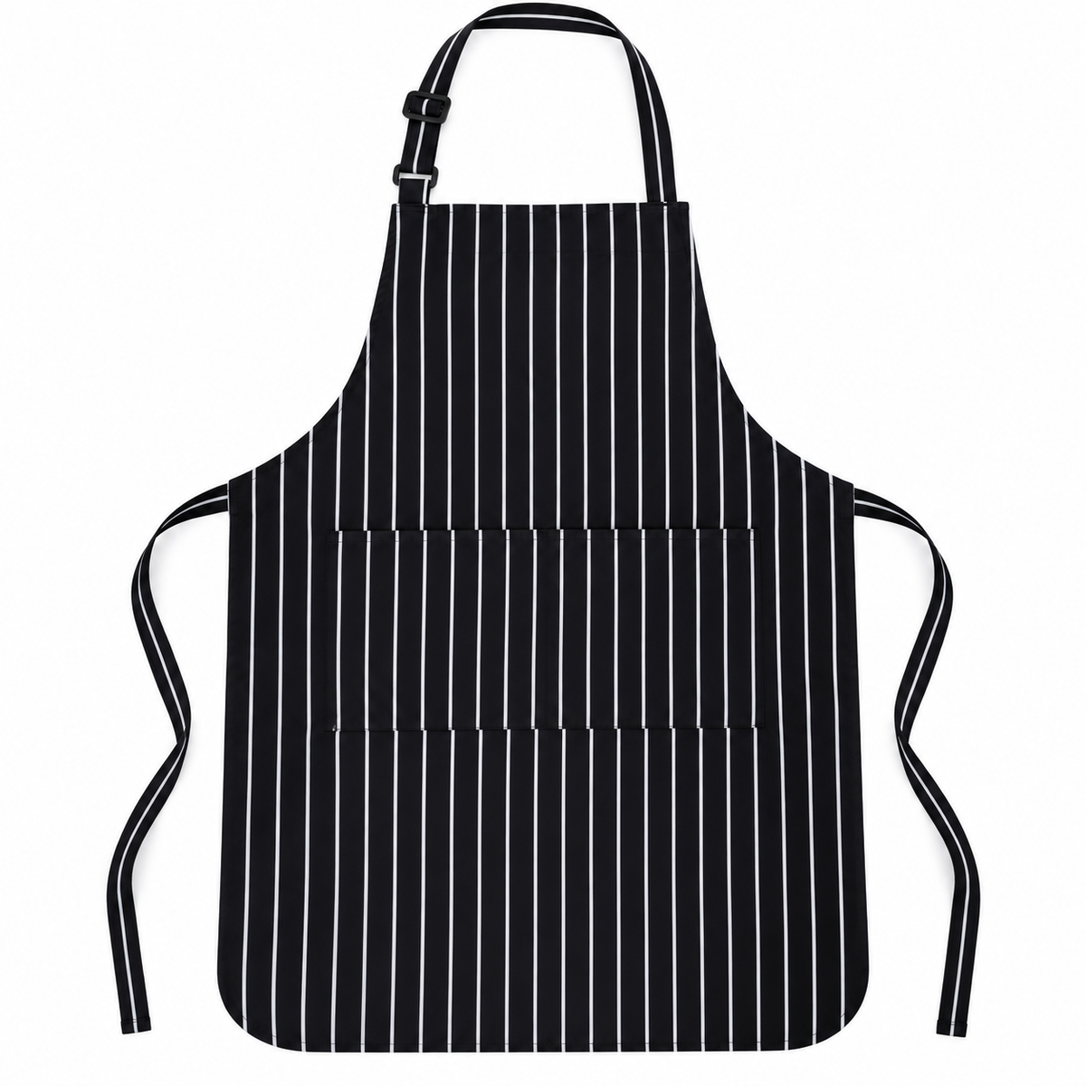 Black apron with thin white vertical stripes and two front pockets laid flat on white.