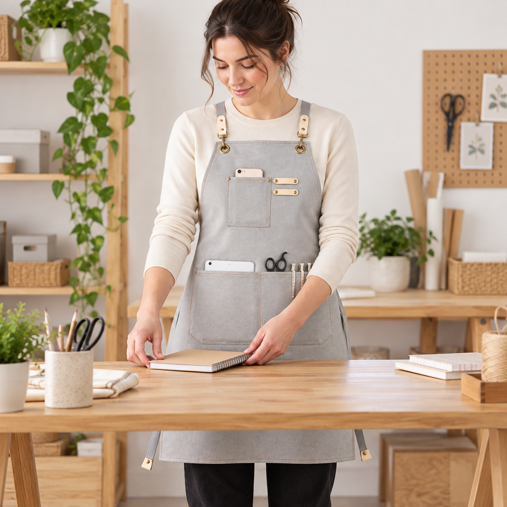Light grey canvas apron worn at a worktable; tools and accessories are styling props.