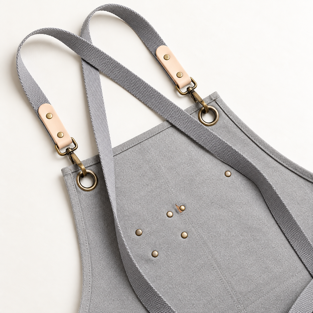 Reverse upper bib and gray crossed straps with cream tabs and brass-tone hardware.
